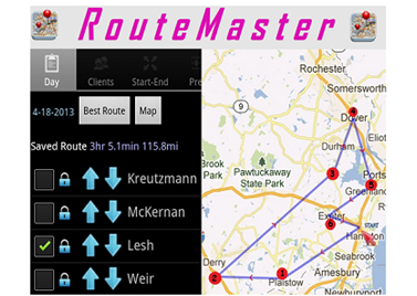 RouteMaster^Long a highly rated trip optimizer in the Android store, RouteMaster is currently down for maintenance/upgrade, but hopefully will be back soon. The two key features that don't exist (as far as I know) in any similar apps are 1) RM allows you to optimize around constraints, such as the case when one of your stops have to be done at a certain time or in certain order. 2) You can save, and easily retrieve, your daily travel miles for record or expense tracking.